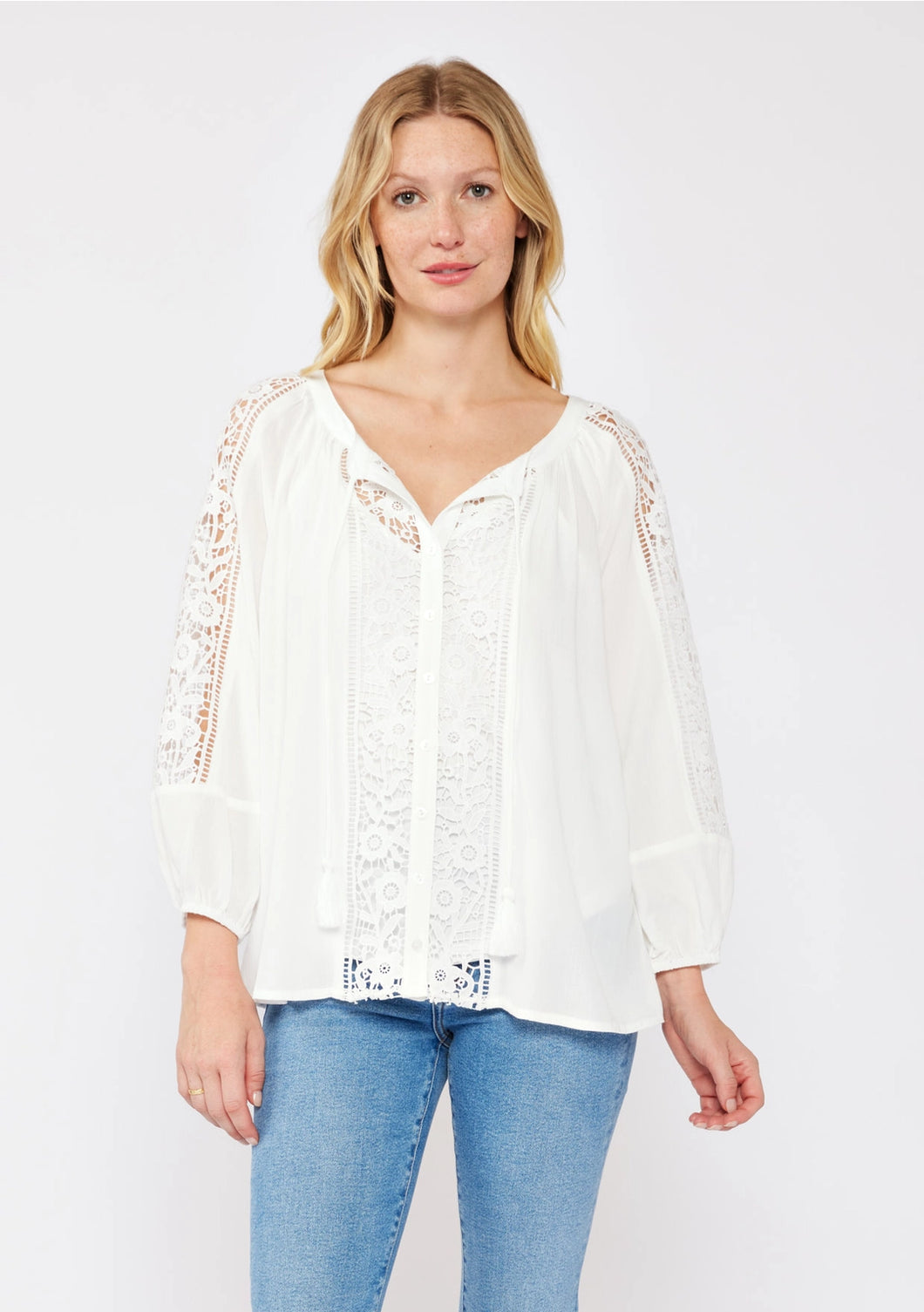 5044-Floral Lace Trim 3/4 Sleeve Split Neck Top-WHITE