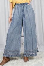 Load image into Gallery viewer, 6346- Flared Ruffle Hem Washed Chambray Crop Denim Pants
