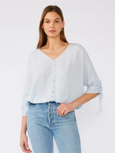 Load image into Gallery viewer, 5084-Metallic Stripe Ruched Sleeve Button Front Blouse-BLUE

