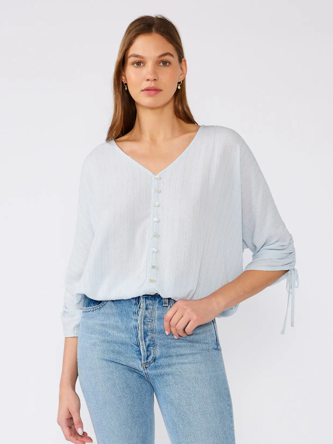 5084-Metallic Stripe Ruched Sleeve Button Front Blouse-BLUE