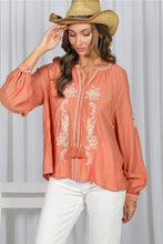 Load image into Gallery viewer, 6341- Bohemian Embroidered Split Neck Top -ORANGE
