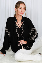Load image into Gallery viewer, 6570- Tie Neck Tassel Detail Floral Embroidered Blouse -BLACK
