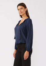 Load image into Gallery viewer, 5440-Sequin Long Sleeve Tassel Tie Neck Blouse-MIDNIGHT NAVY
