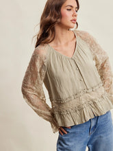 Load image into Gallery viewer, 6449-Floral Lace Sleeve Tiered Lined Boho Blouse -OLIVE
