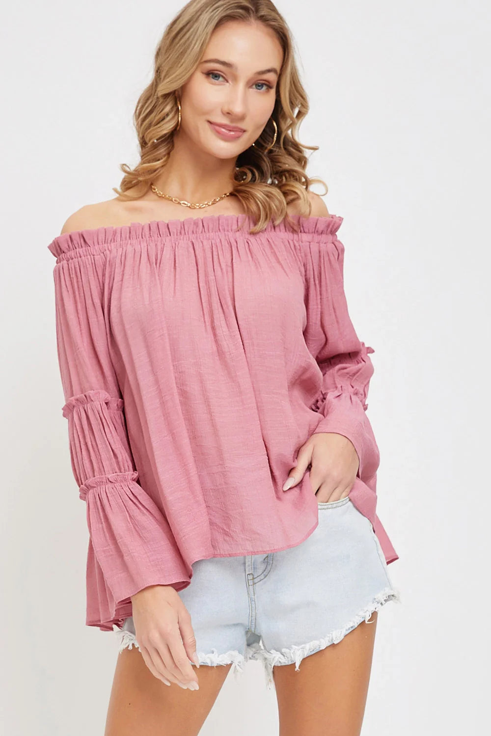 4200-Off Shoulder Tiered Bell Sleeve-ROSE