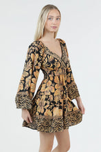 Load image into Gallery viewer, 6604- V Neck Wide Bell Sleeve Printed Dress-YELLOW

