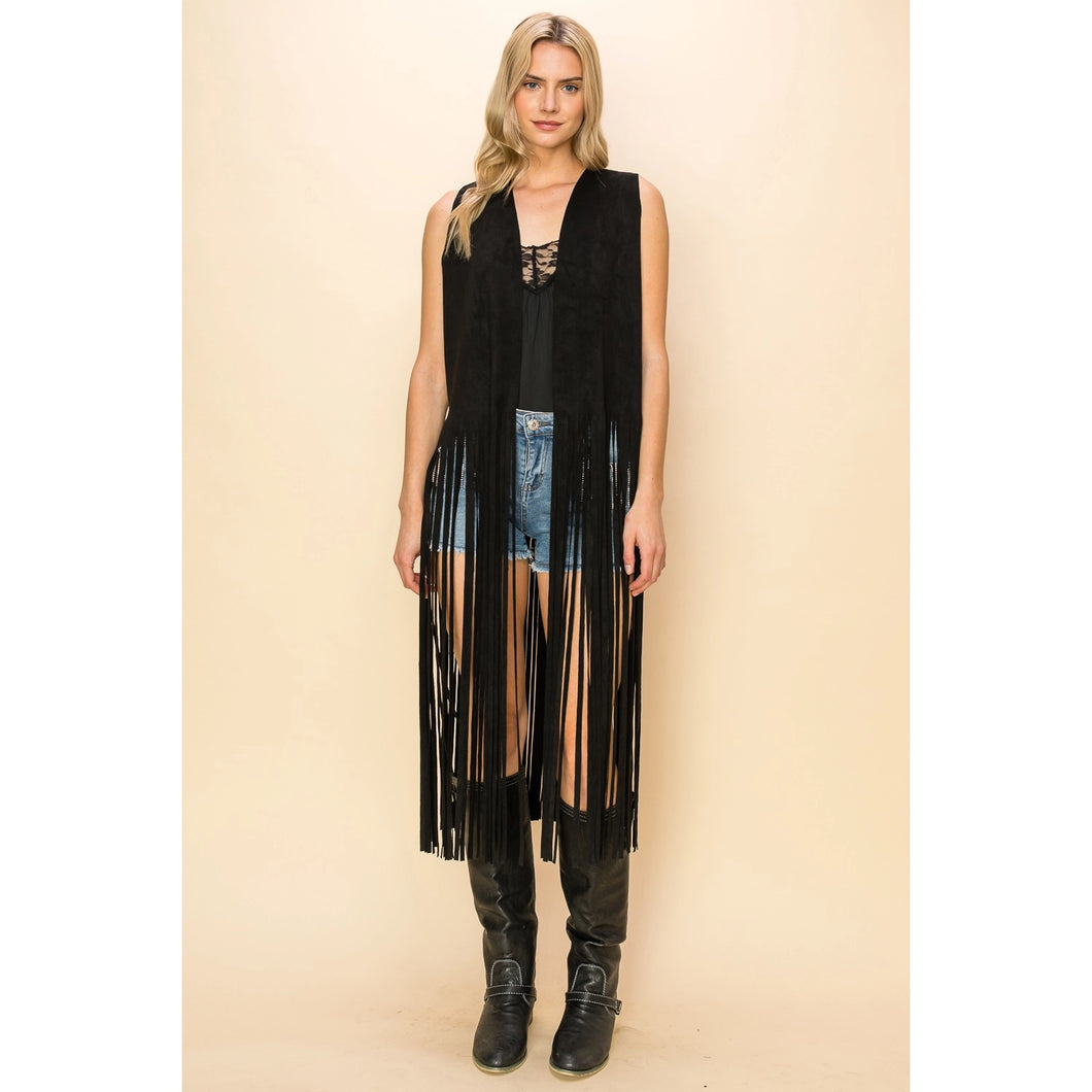 5496-Faux Suede Long Fringe Sleeveless Vest
