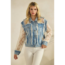 Load image into Gallery viewer, 5865-Denim Jacket with Floral Organza Inset-WHITE
