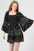 Load image into Gallery viewer, 5587- Mixed Print Wide Bell Sleeve Smocked Bodice-BLACK
