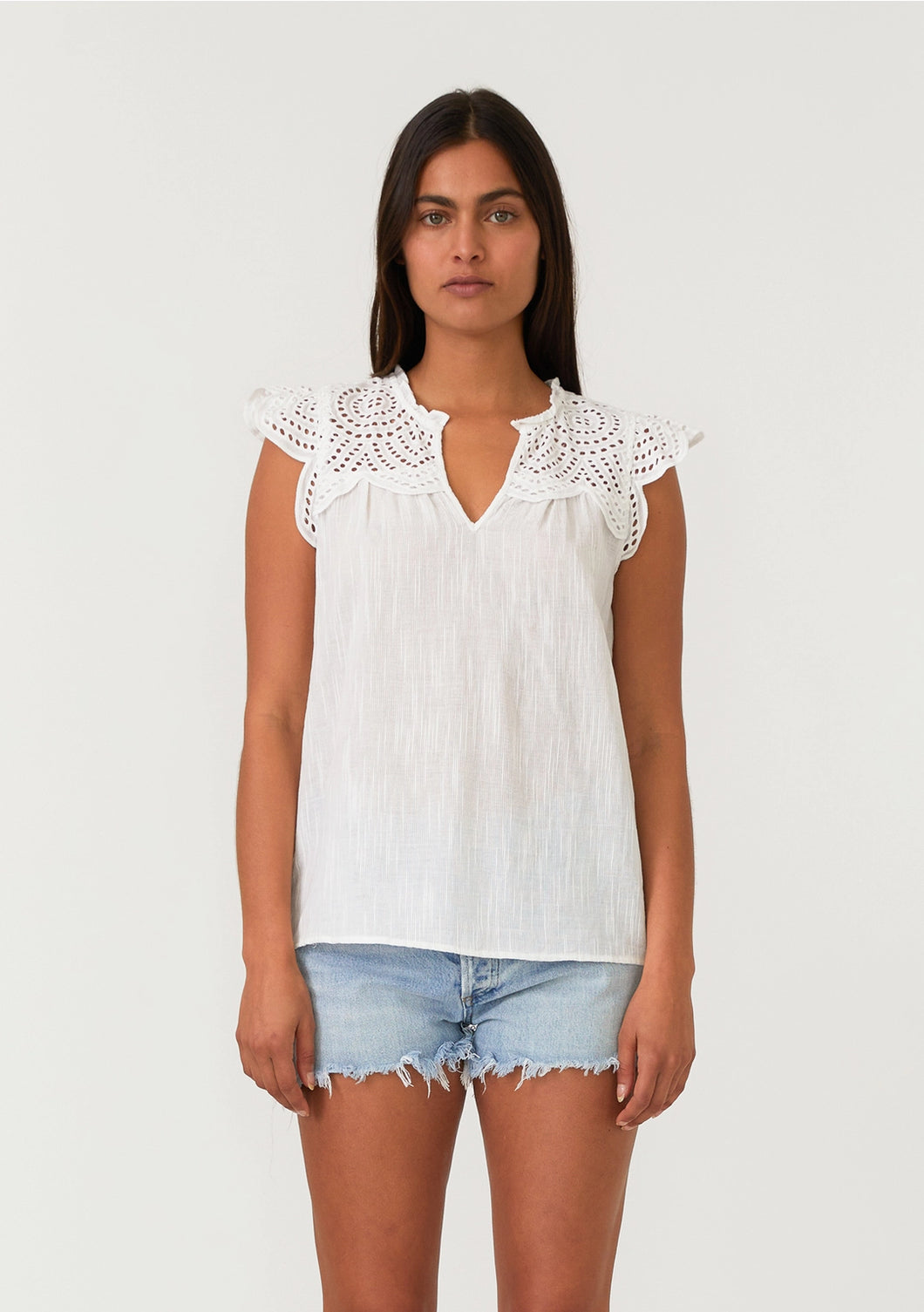 5189-Cotton Eyelet Cap Sleeve V Neck Top-WHITE