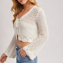 Load image into Gallery viewer, 6124- Open Knit Crochet Front-Tie Cropped Cardigan -IVORY
