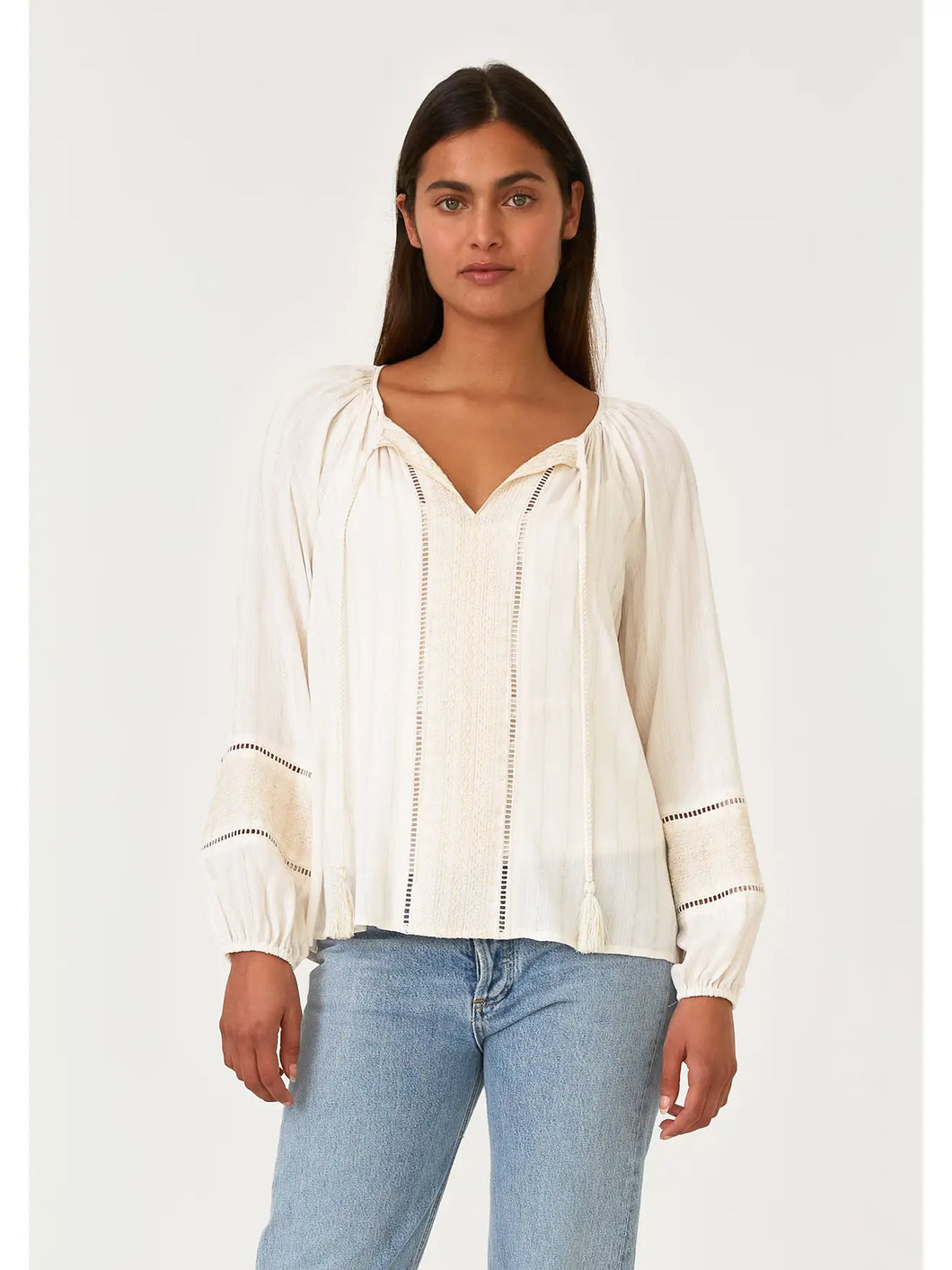 5045-Metallic Pinstripe Long Sleeve Peasant Blouse-NATURAL