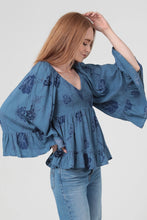 Load image into Gallery viewer, 5444- V Neck Smocked Bust Wide Bell Sleeve Top-BLUE
