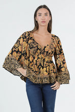 Load image into Gallery viewer, 6596- V Neck Smocked Bust Flare Sleeve Top-YELLOW

