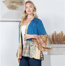 Load image into Gallery viewer, 6039- Western Boho Lace &amp; Denim Patchwork Kimono Top
