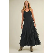 Load image into Gallery viewer, 6310- Lace V-Neck Cascading Ruffle Dress-BLACK
