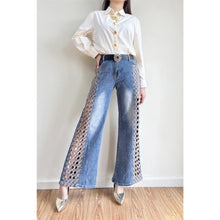 Load image into Gallery viewer, 6533- Lattice Rhinestone Wide Leg Jeans
