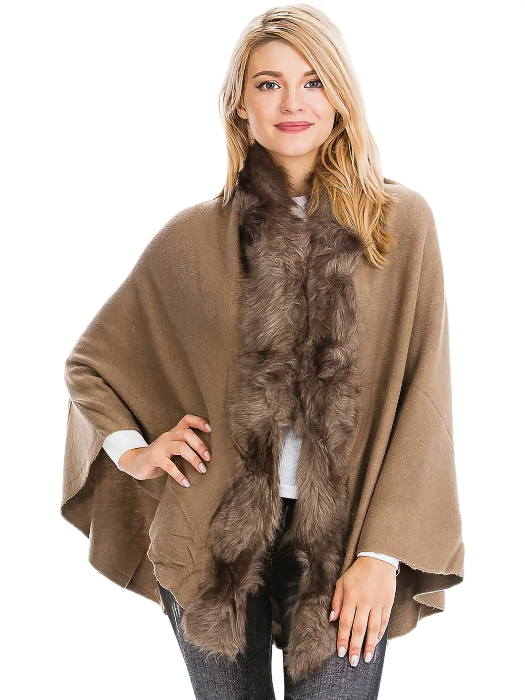 5748-Luxe Faux Fur Trim Shawl Cape-MOCHA