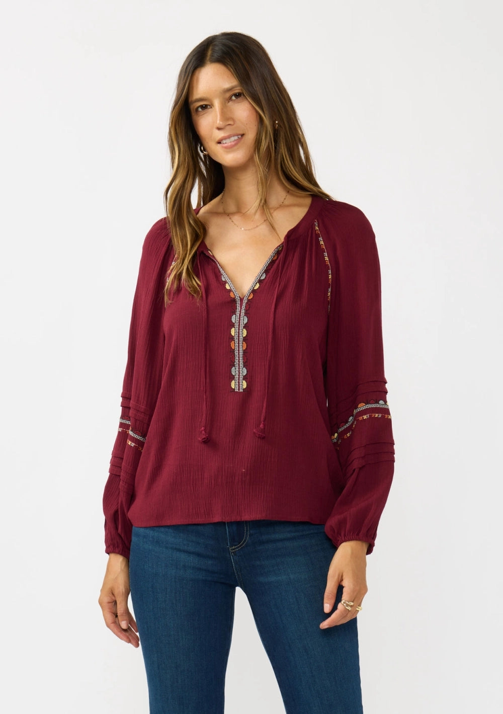 5591-Embroidered Raglan Split Neck Blouse-BURGUNDY