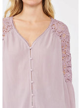 Load image into Gallery viewer, 5083- Crochet Lace Bell Sleeve Button Front Top-LAVENDER
