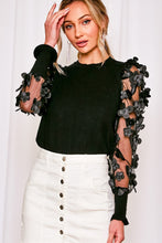 Load image into Gallery viewer, 4783-Organza Flower Puff Sleeve Soft Thin Knit Sweater -BLACK
