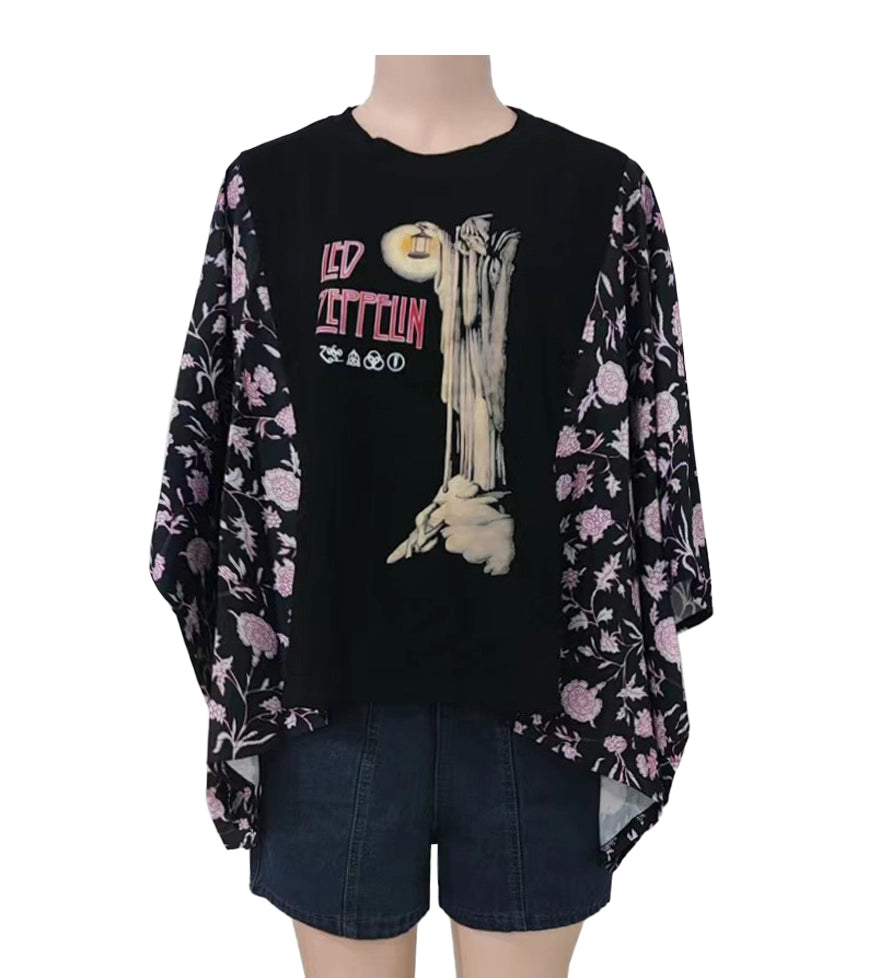 5395-Western Print Kimono Sleeve T-Shirt Oversized Tee Top-ZEP