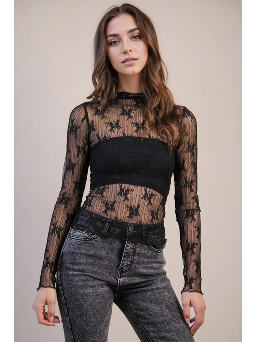 5700-High Neck Fitted Sheer Mesh Lace Knit Top-BLK MESH