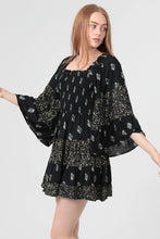 Load image into Gallery viewer, 5587- Mixed Print Wide Bell Sleeve Smocked Bodice-BLACK
