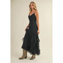 Load image into Gallery viewer, 6310- Lace V-Neck Cascading Ruffle Dress-BLACK
