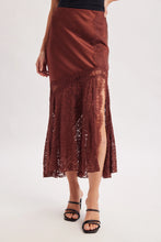 Load image into Gallery viewer, 6368- Romantic Satin Lace Trimmed Split Midi Skirt-BROWN/MAROON
