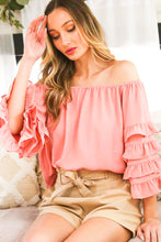Load image into Gallery viewer, 6049- Off the Shoulder Four Tiers Ruffle 3/4 Sleeve Top -BLUSH

