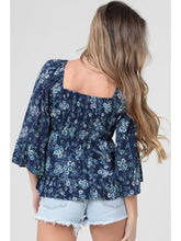 Load image into Gallery viewer, 5823-Eyelet Embroidered and Printed Smocked V Neck-blue
