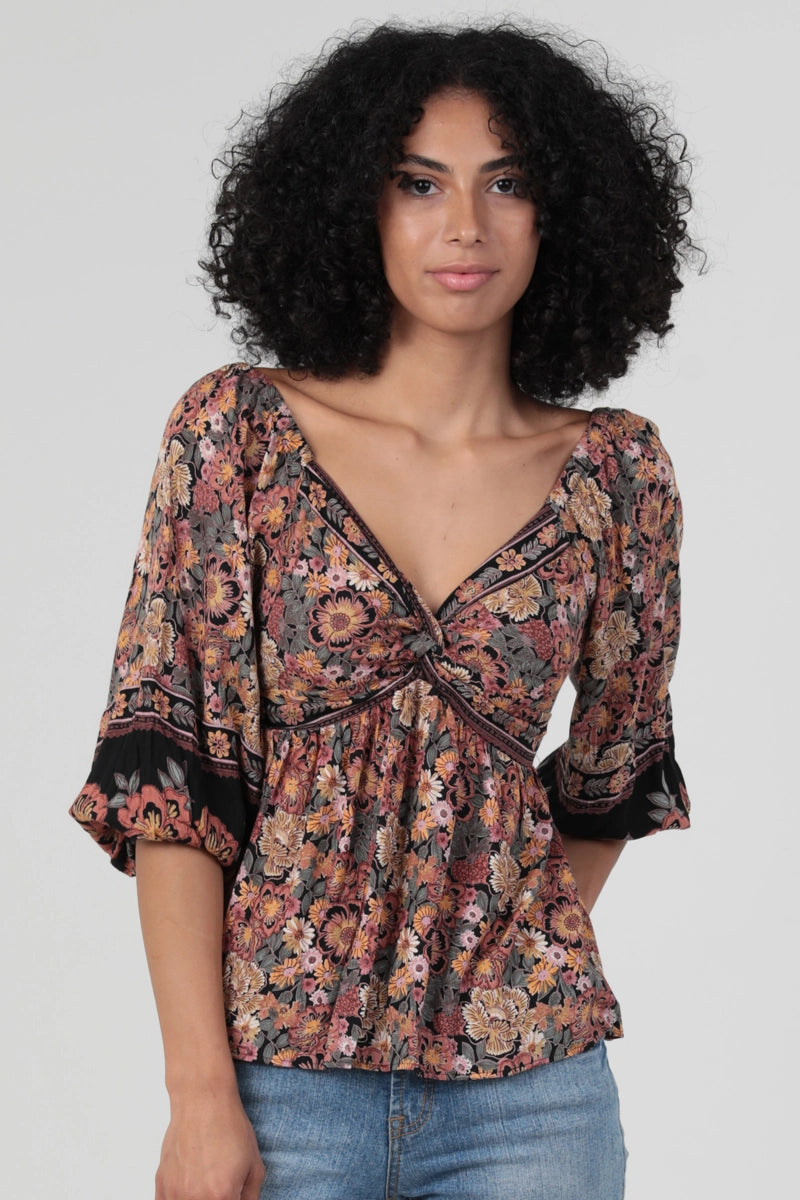 5446-V Neck Twist Front Half Sleeve Printed Blouse