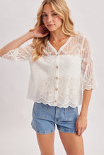 Load image into Gallery viewer, 6365- Sheer Embroidered Mesh Button Scalloped Hem Blouse-WHITE
