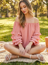 Load image into Gallery viewer, 6049- Off the Shoulder Four Tiers Ruffle 3/4 Sleeve Top -BLUSH
