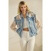 Load image into Gallery viewer, 5865-Denim Jacket with Floral Organza Inset-WHITE
