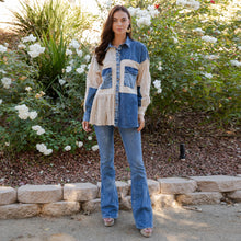 Load image into Gallery viewer, 5887-Mixed Media Spliced Denim Shirt with Seersucker
