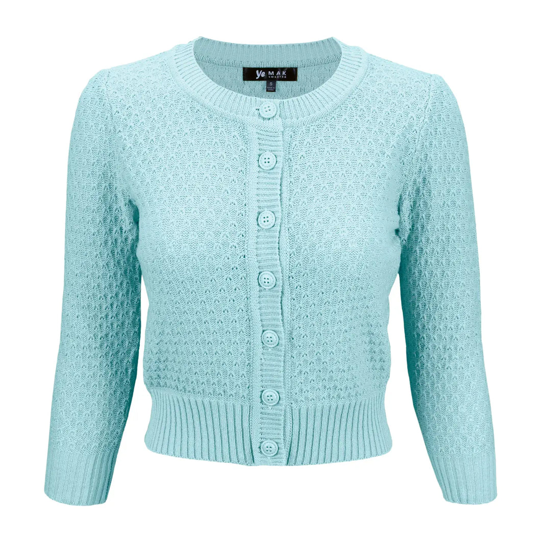 4952-3/4 Sleeve Crewneck Knit Cropped Cardigan Sweater -LIGHT BLUE