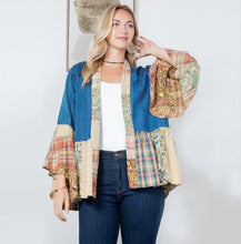 Load image into Gallery viewer, 6039- Western Boho Lace &amp; Denim Patchwork Kimono Top
