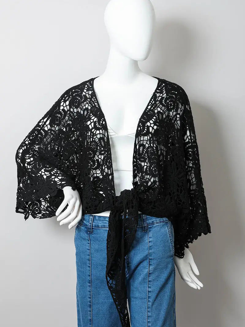 4296-Crochet Floral Petal Kimono Wrap-BLACK