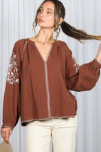 Load image into Gallery viewer, 6568- Floral Embroidered V-Neck Cotton Gauze Blouse-BROWN

