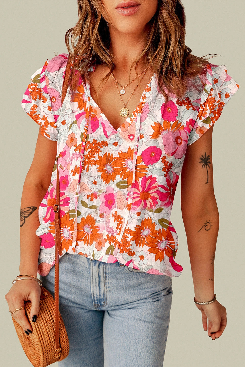4371-Split V Neck Ruffle Sleeve Floral Blouse