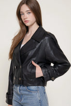 Load image into Gallery viewer, 6631- Faux Leather Short Trench Coat-BLACK
