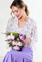 Load image into Gallery viewer, 5041-V-Neck Ruffle Design Floral Chiffon Blouse -WHITE/LILAC
