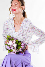 Load image into Gallery viewer, 5041-V-Neck Ruffle Design Floral Chiffon Blouse -WHITE/LILAC
