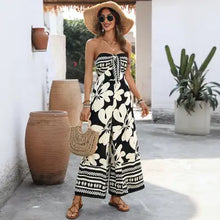 Load image into Gallery viewer, 6106- Black Floral Strapless Backless Wide Leg Jumpsuit

