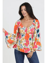 Load image into Gallery viewer, 5818-Neck Smocked Bust Wide Bell Sleeve Floral Blouse-ORANGE
