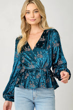 Load image into Gallery viewer, 6657-  Embroidery Velvet Surplice Neck Blouse-EMERALD
