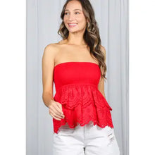 Load image into Gallery viewer, 6195- Scalloped Eyelet Lace Ruffle Detail Smocked Tube Top -RED
