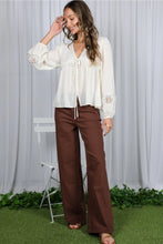 Load image into Gallery viewer, 6343- Eyelet Lace Tie Front V-Neck Long Puff Blouse -CREAM
